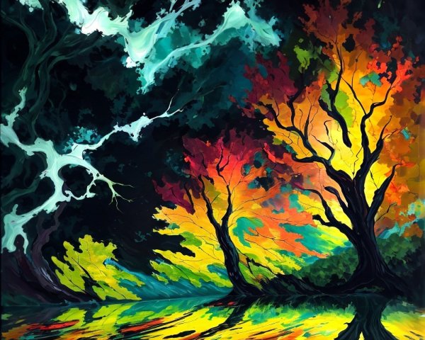 Surreal Landscape with Twisting Trees and Vivid Colors