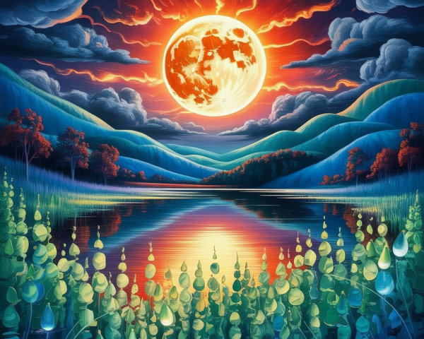 Vibrant Landscape with Full Moon and Colorful Sky