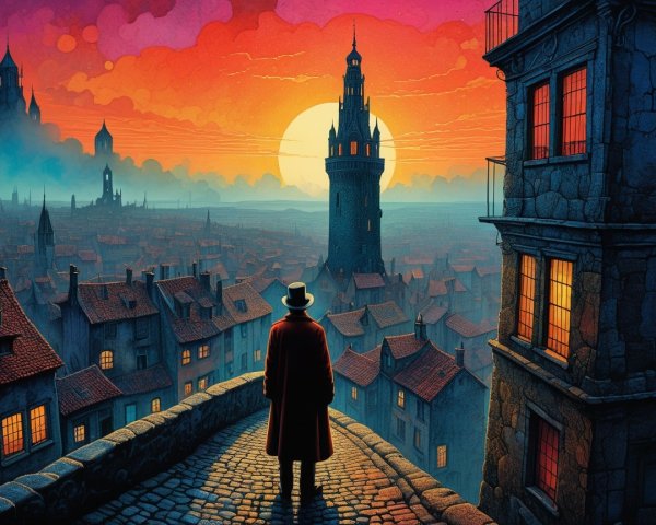 Silhouetted Figure Overlooking Medieval City at Sunset