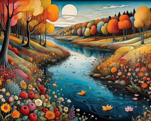 Vibrant Autumn Landscape with Serene River and Trees