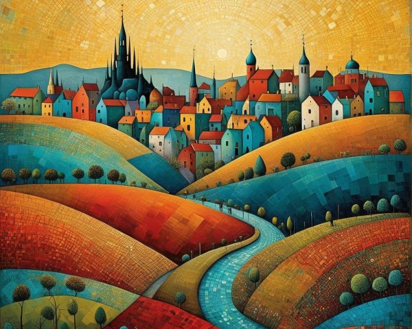 Vibrant Landscape with Charming Village and Rolling Hills