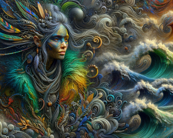 Intricate Artwork of Serene Figure with Feathers and Waves