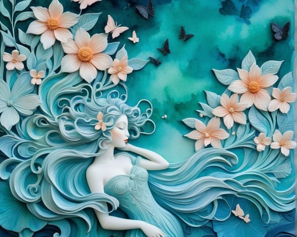 Relief Artwork of Serene Woman with Flowers and Butterflies