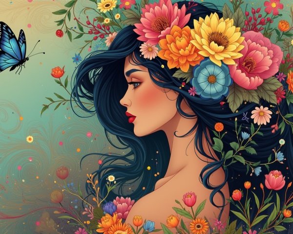 Profile of a Woman with Flowers and Butterfly
