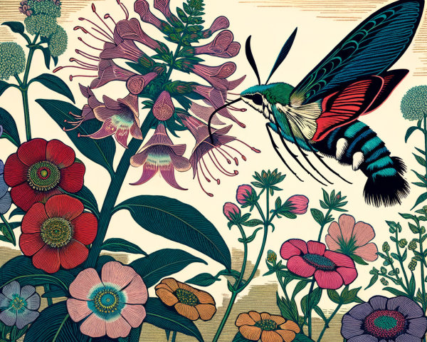 Vibrant Illustrated Scene of Colorful Flowers and Moth