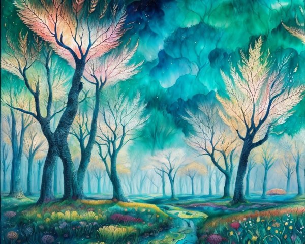 Surreal Forest Scene with Glowing Trees and Stream