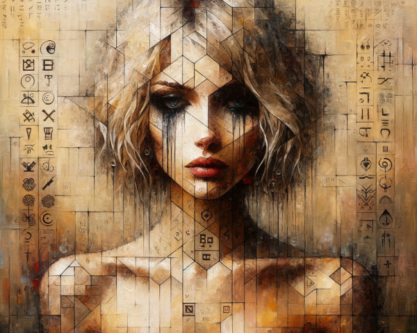 Ethereal Woman with Dark Tears and Ancient Symbols
