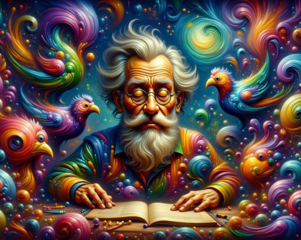 Elderly Man Reading in a Dreamlike Cosmic Setting