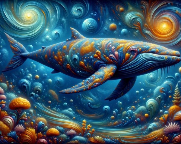 Abstract Whale in Cosmic Ocean with Colorful Coral