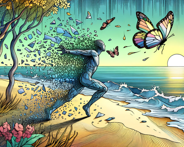 Surreal Scene of Figure, Ocean, and Vibrant Sunset