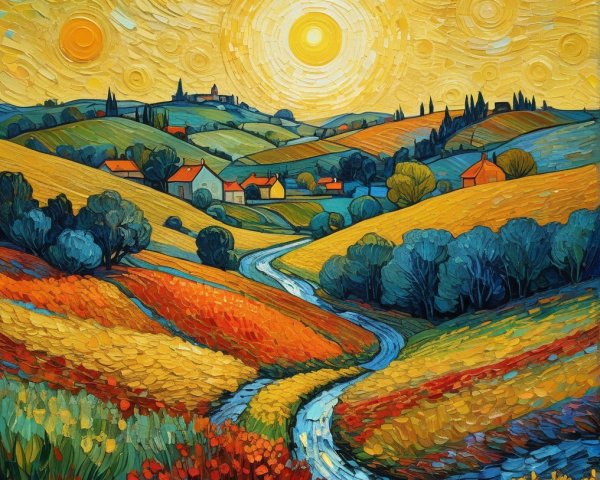 Vibrant Landscape with Rolling Hills and River Scene