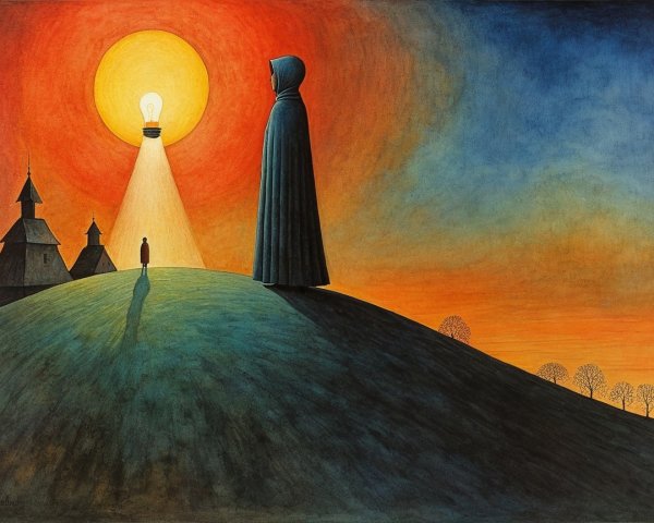 Surreal Landscape with Vibrant Sunset and Cloaked Figure