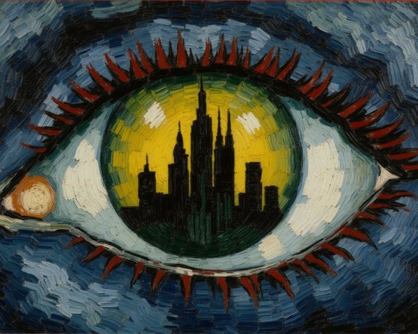 Large Stylized Eye with City Skyline and Swirling Blue