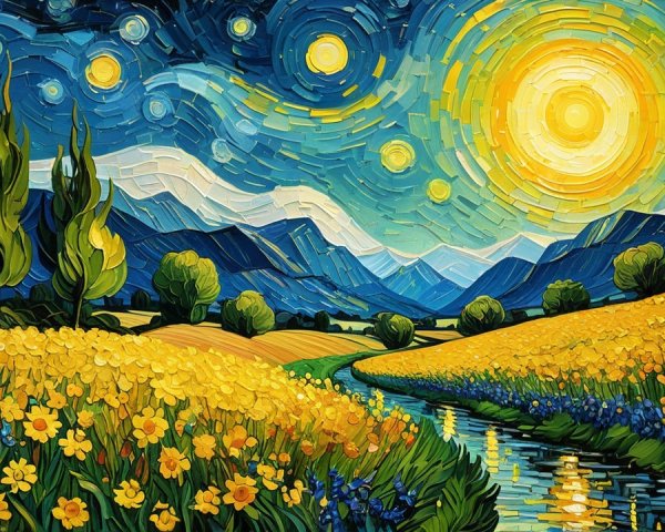 Vibrant Landscape with Rolling Hills and Starry Sky