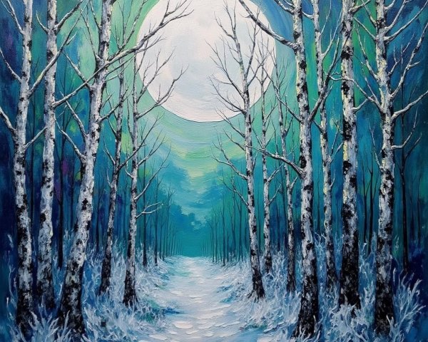 Serene Winter Landscape with Moonlit Path and Trees