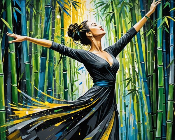 Woman in Black Dress in Serene Bamboo Grove