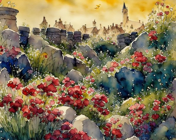 Vibrant Landscape with Red Flowers and Quaint Buildings