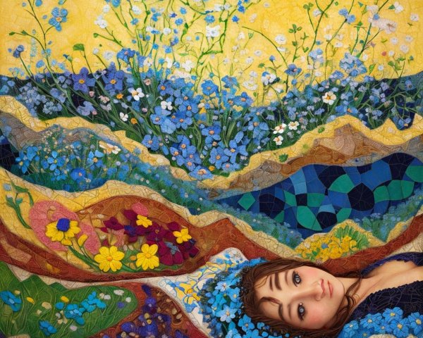 Serene Girl on Colorful Quilt Surrounded by Flowers