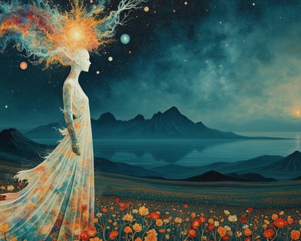 Ethereal Figure in Vibrant Flower Field with Cosmic Sky