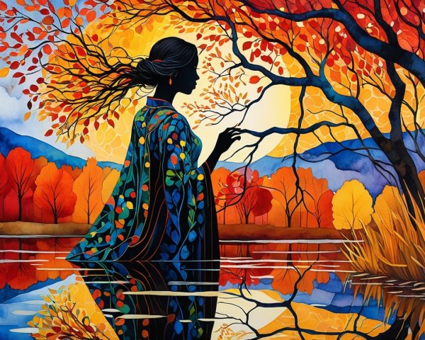 Silhouette of Woman by Autumn Lake and Mountains
