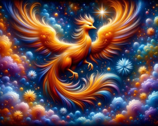 Vibrant Phoenix in a Cosmic Landscape with Stars