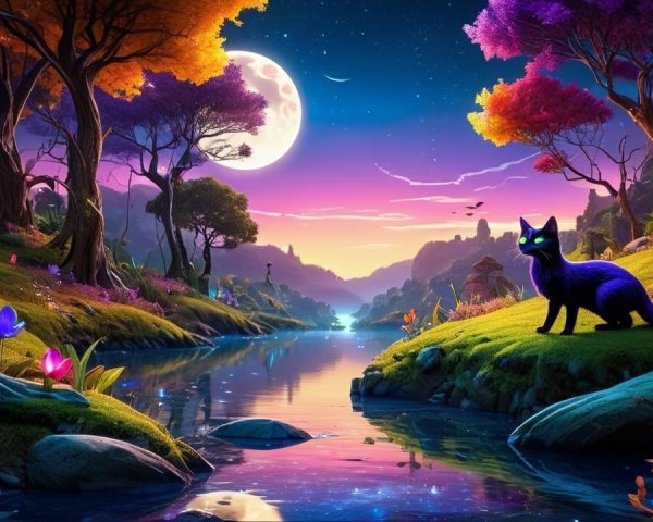 Mystical Landscape with Twilight Sky and Black Cat