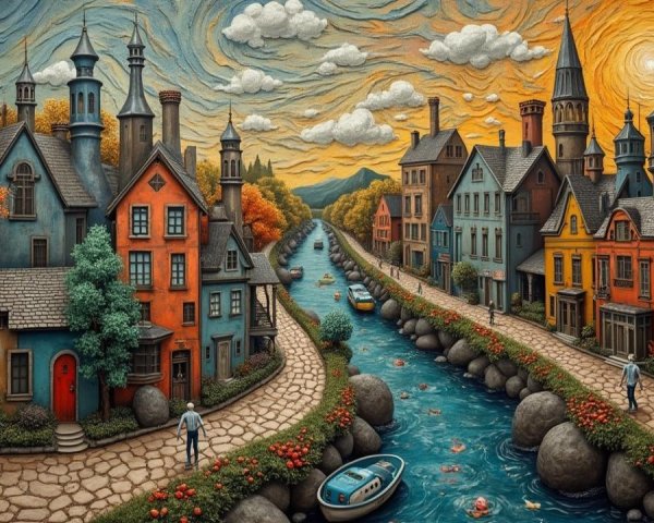 Charming Village with Colorful Buildings and River View