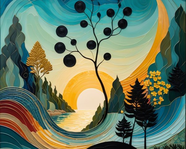 Vibrant Landscape with Waves, Hills, and Sunset