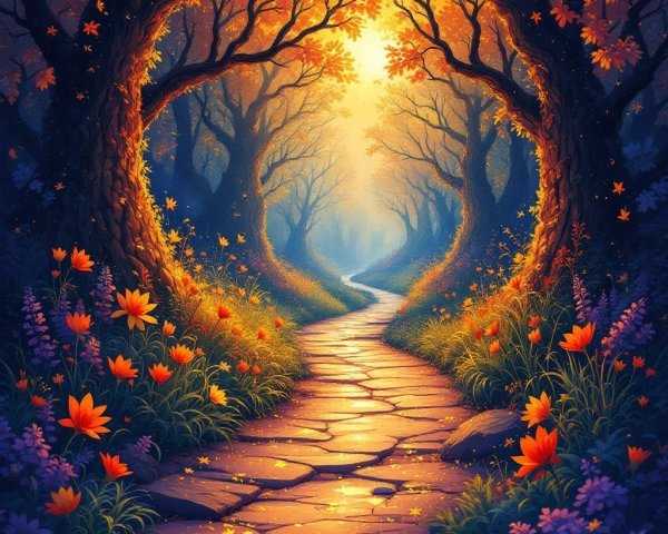Magical Forest Pathway with Autumn Leaves and Flowers