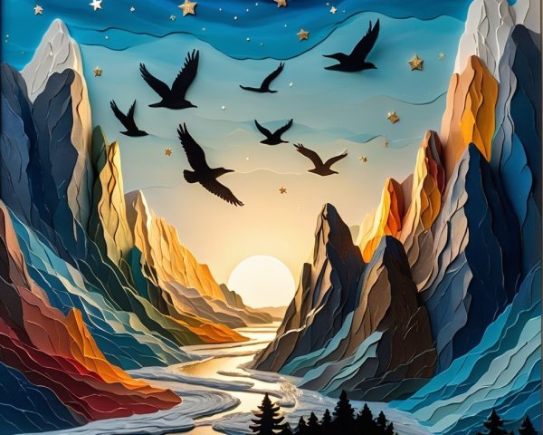 Relief Artwork of Serene Landscape with Mountains and River