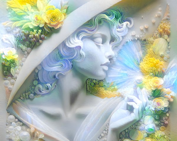 Ethereal Figure with Floral Hat and Butterfly Design