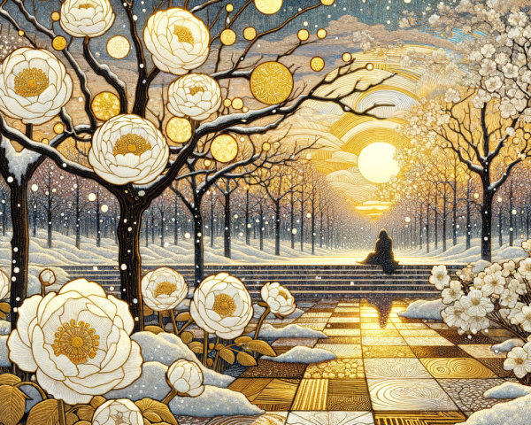 Winter Landscape with Peonies and Golden Orbs