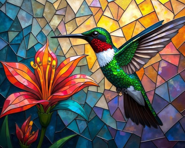 Vibrant Stained Glass Hummingbird and Flower Scene