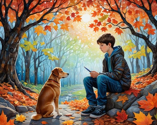 Autumn Forest Scene with Boy, Dog, and Book