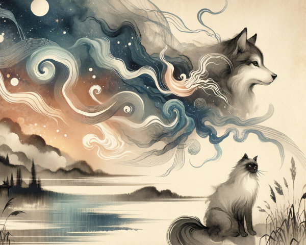 Serene landscape with mystical wolf and tranquil cat