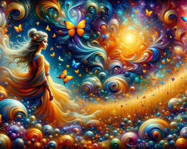 Dreamy Scene with Colorful Orbs and Butterflies