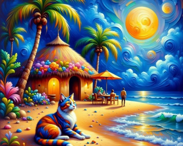 Vibrant Beach Sunset with Colorful Cat and Hut