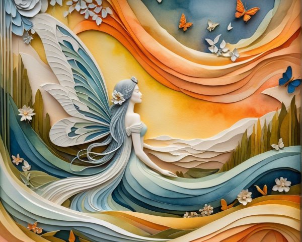 Whimsical Fairy Paper Art with Pastel Colors and Flowers