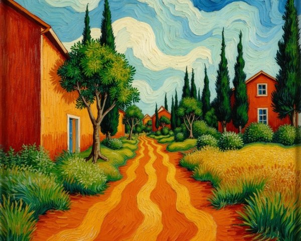 Vibrant Countryside Scene with Winding Dirt Road