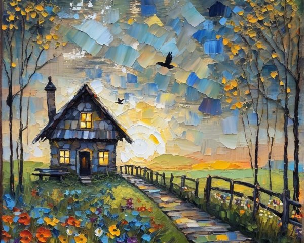 Charming Countryside Scene with Cottage and Flowers