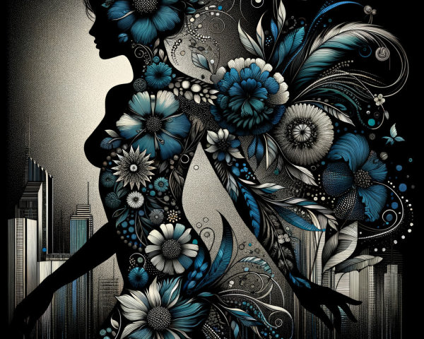 Silhouette of a Woman with Floral and Cityscape Design