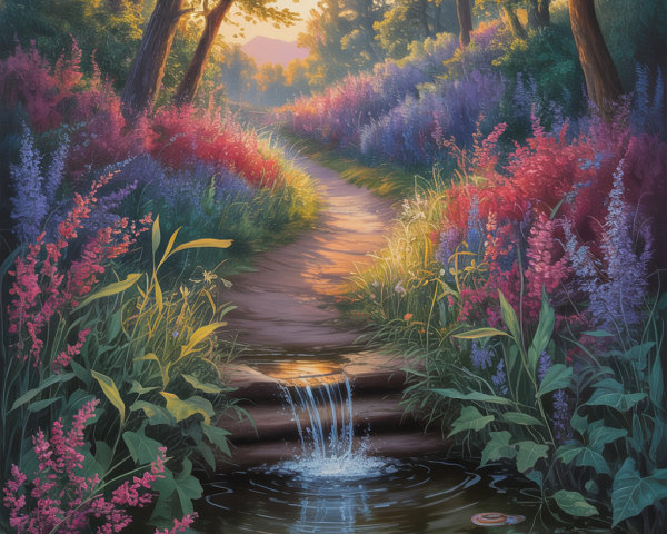 Serene Forest Pathway with Wildflowers and Stream
