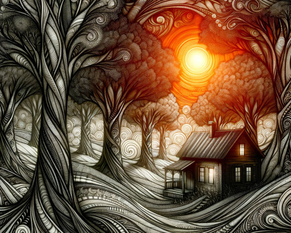 Cozy House Surrounded by Abstract Trees at Sunset