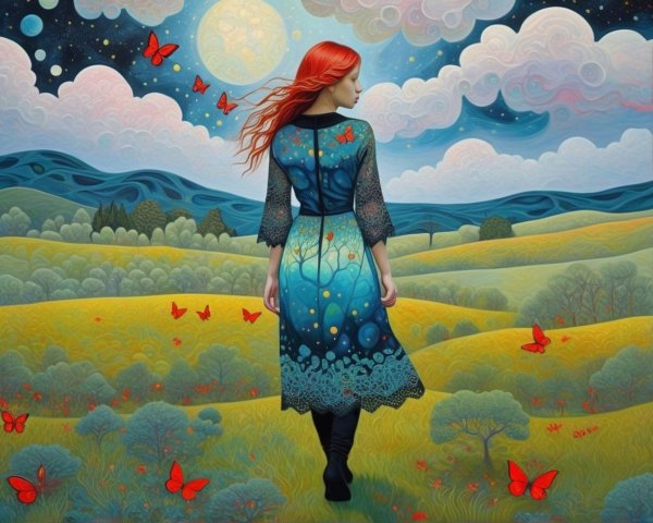 Surreal Landscape with Woman and Glowing Moon
