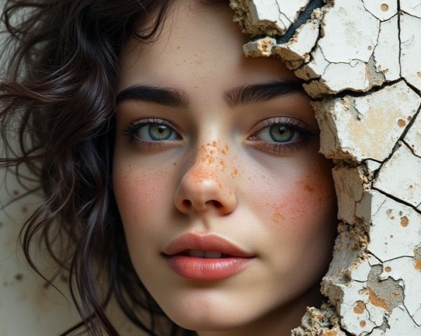 Close-Up Portrait of a Woman with Blue Eyes and Freckles