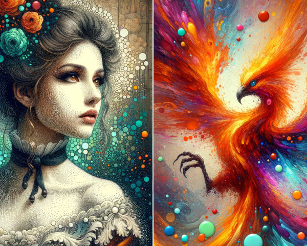 Split Design of Serene Woman and Fiery Phoenix