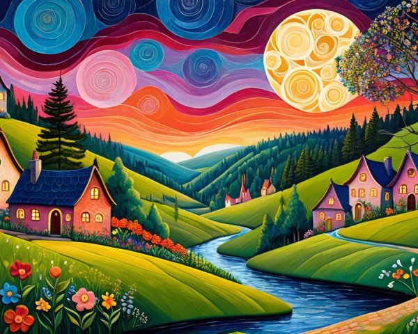 Whimsical Village Landscape with Colorful Houses