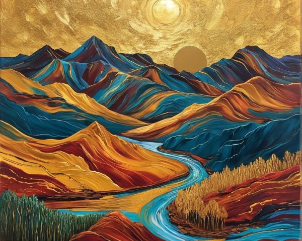 Vibrant Mountainous Landscape with Sunset and River