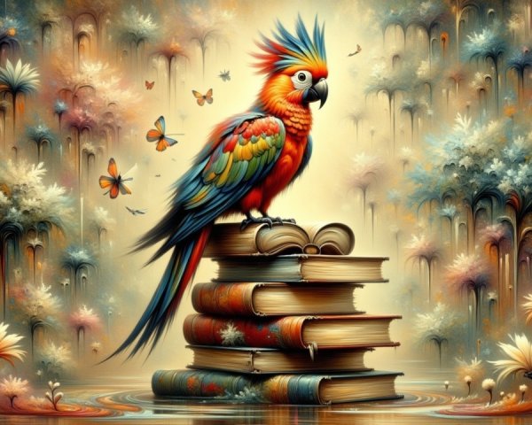 Vibrant Parrot on Colorful Books with Flowers and Butterflies