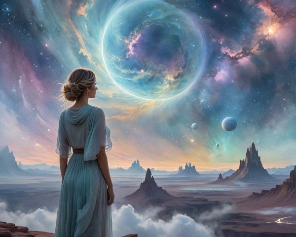Woman in flowing dress on cliff under cosmic landscape
